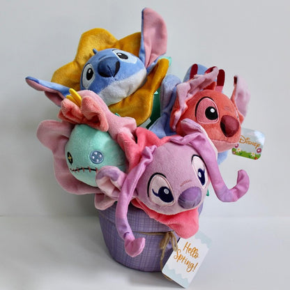  Disney Stitch Spring Flower Bouquet Plush Display with Basket – Assorted Stitch & Angel Plush Gift Set