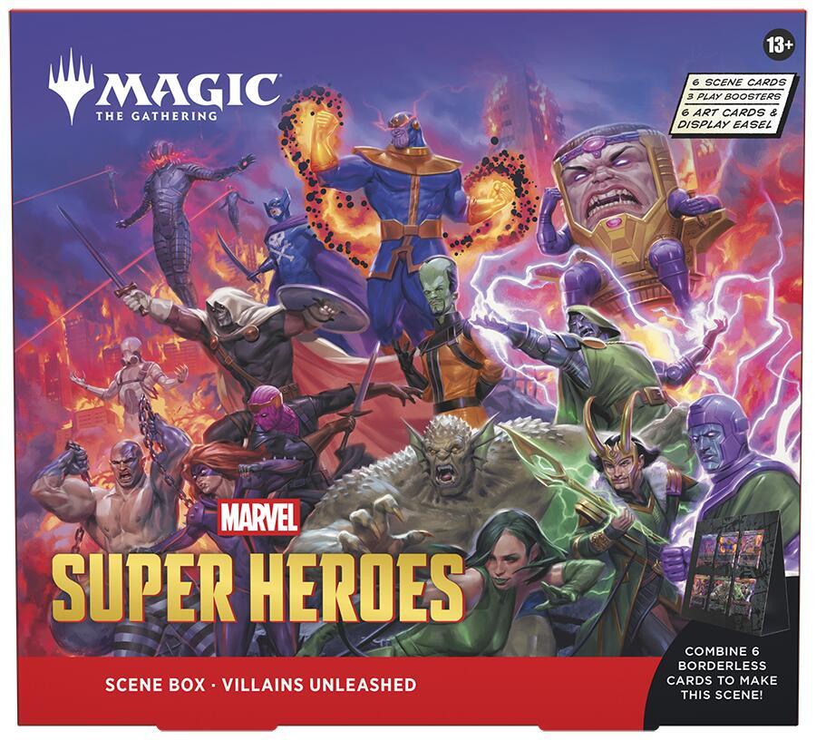 Magic: The Gathering x Marvel Super Heroes – Villains Unleashed Scene Box | 3 Play Boosters + 6 Traditional Foil Scene Cards | MTG Sealed