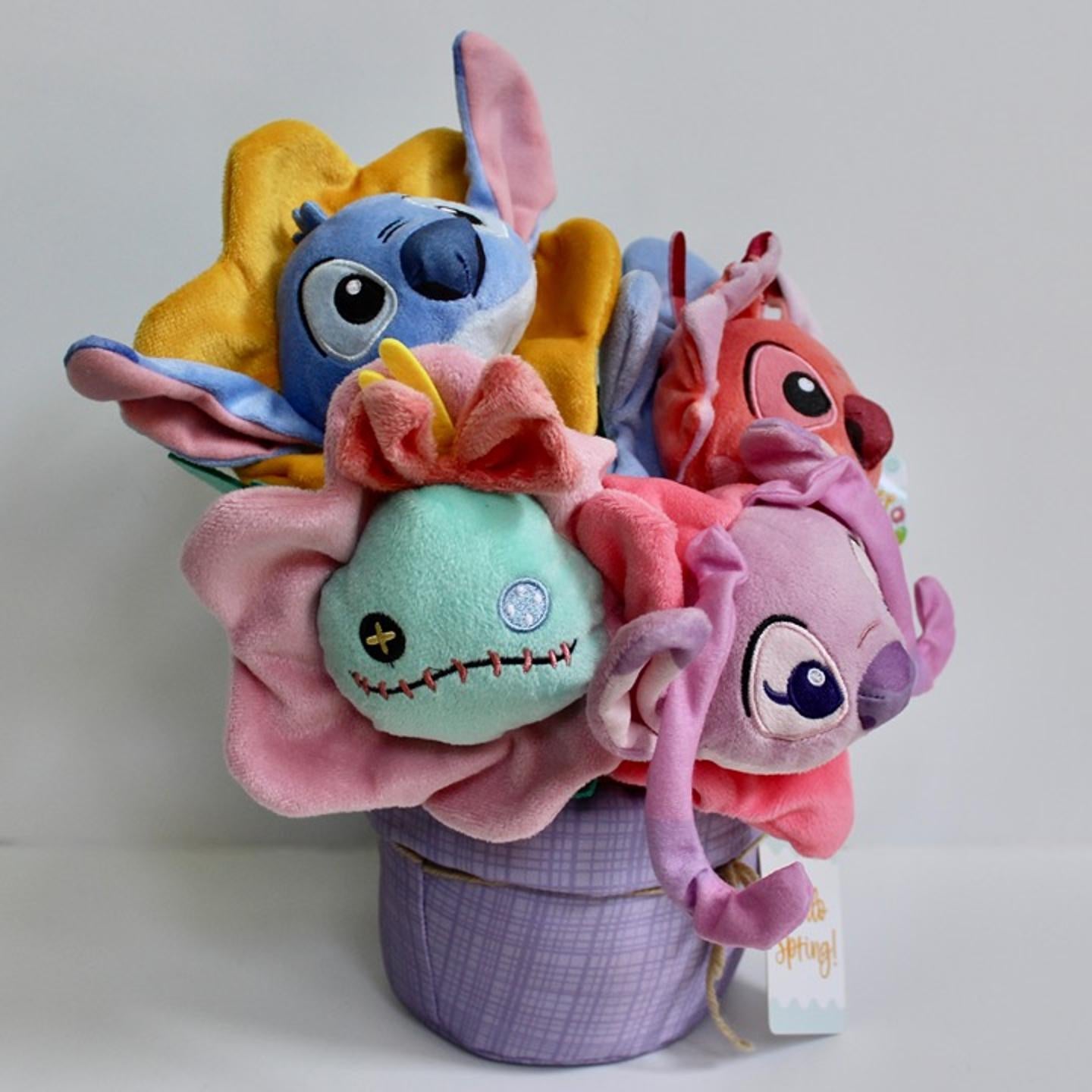  Disney Stitch Spring Flower Bouquet Plush Display with Basket – Assorted Stitch & Angel Plush Gift Set