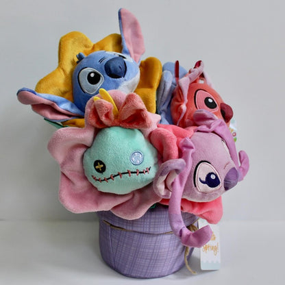  Disney Stitch Spring Flower Bouquet Plush Display with Basket – Assorted Stitch & Angel Plush Gift Set
