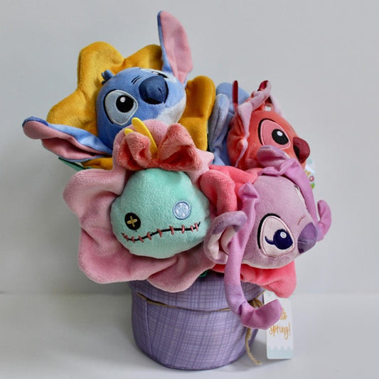  Disney Stitch Spring Flower Bouquet Plush Display with Basket – Assorted Stitch & Angel Plush Gift Set