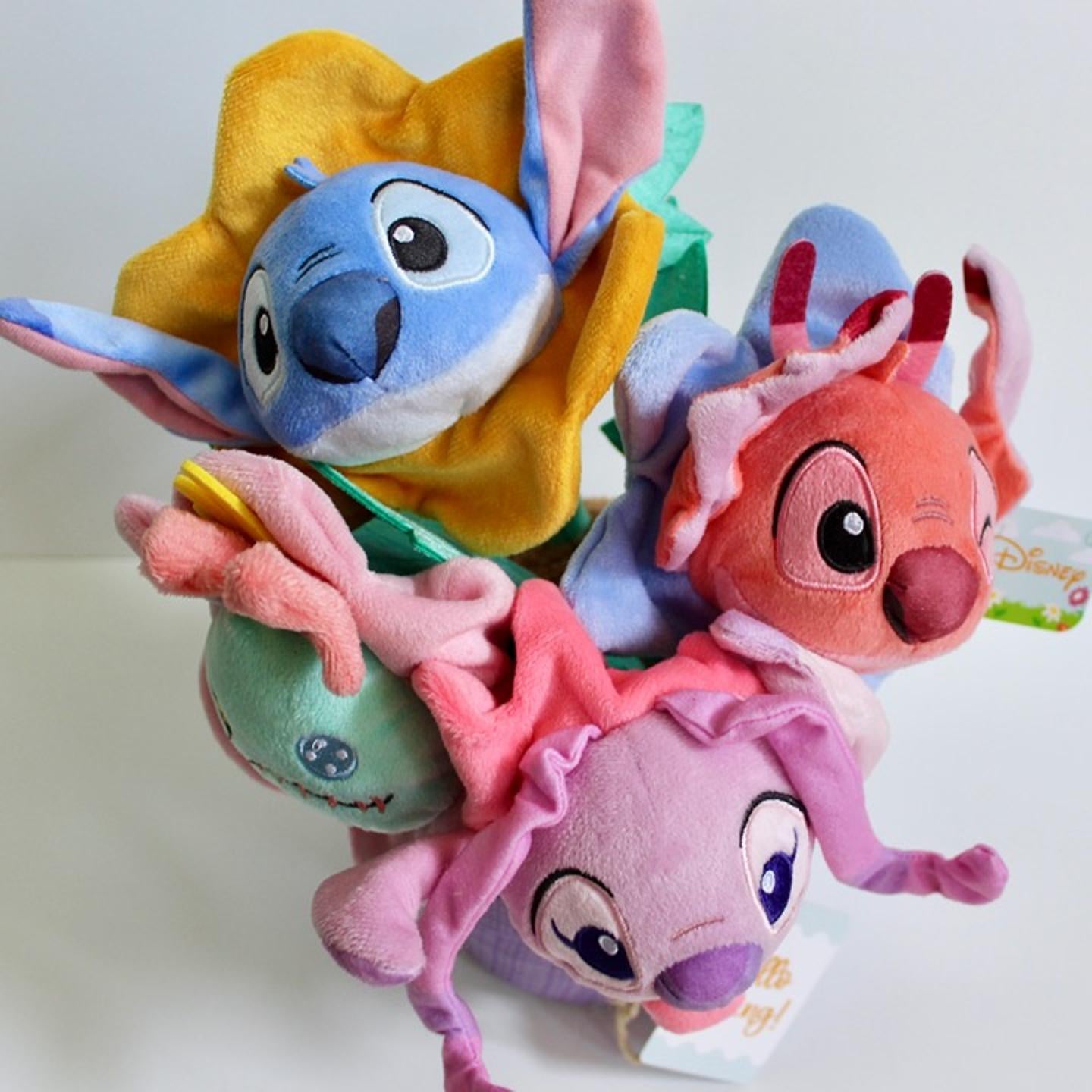  Disney Stitch Spring Flower Bouquet Plush Display with Basket – Assorted Stitch & Angel Plush Gift Set