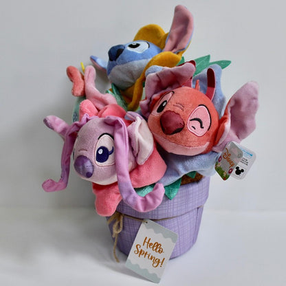  Disney Stitch Spring Flower Bouquet Plush Display with Basket – Assorted Stitch & Angel Plush Gift Set