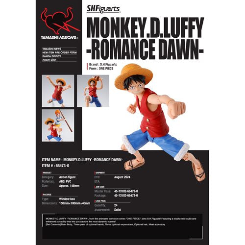One Piece Monkey D. Luffy Romance Dawn S.H.Figuarts Action Figure - Reissue
One Piece Bandai Tamashii Nations Action Figures
Item Number: BLFBAS66473WNK