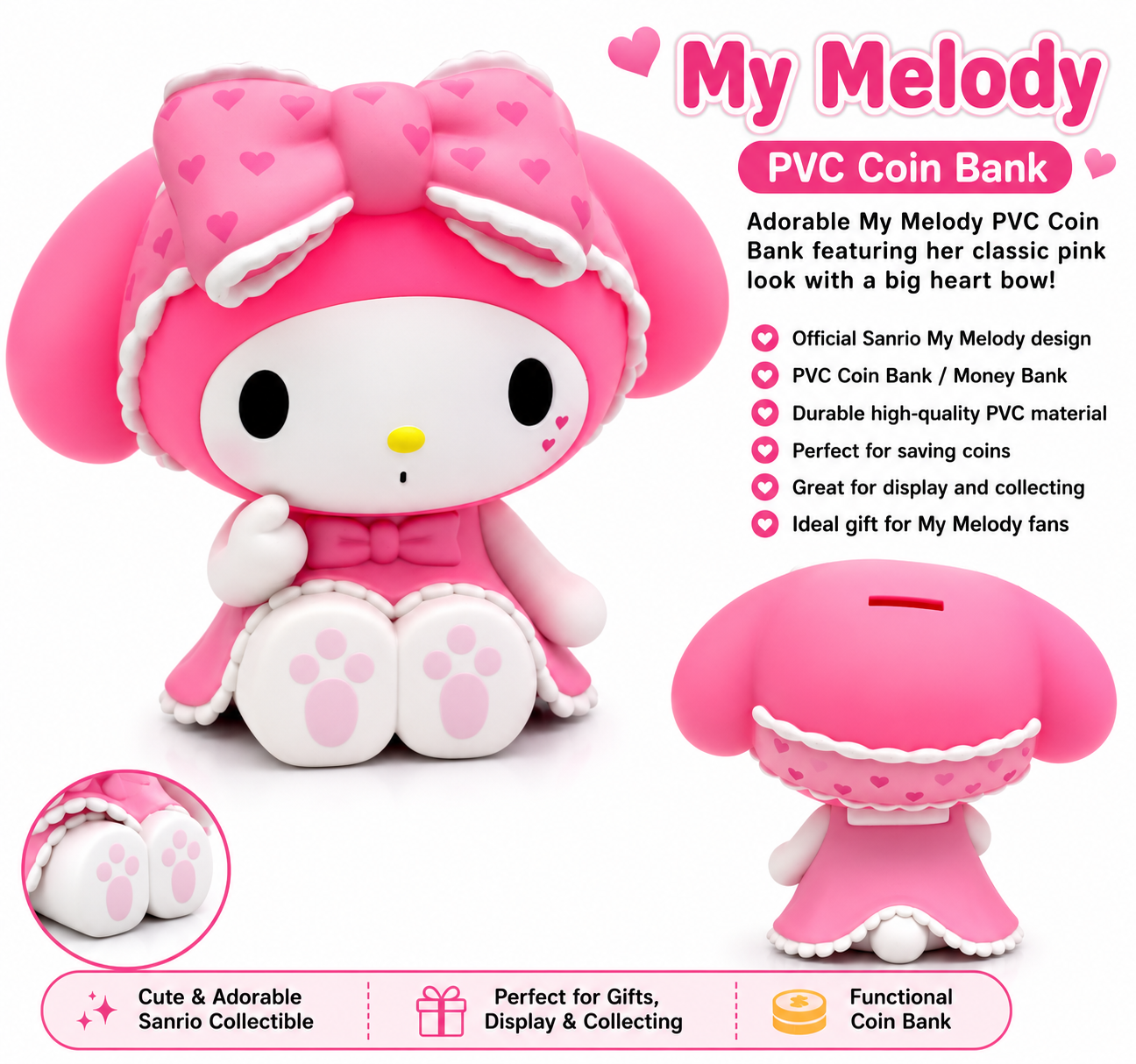 My Melody Pink Heart Bow PVC Coin Bank – Sanrio Collectible Money Bank