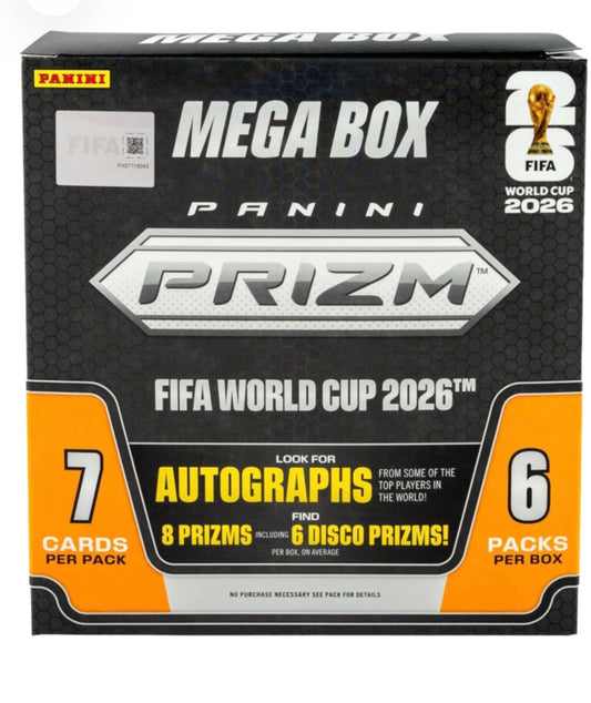 2026 Panini Prizm FIFA World Cup Soccer Mega Box – 42 Cards – Disco Prizms