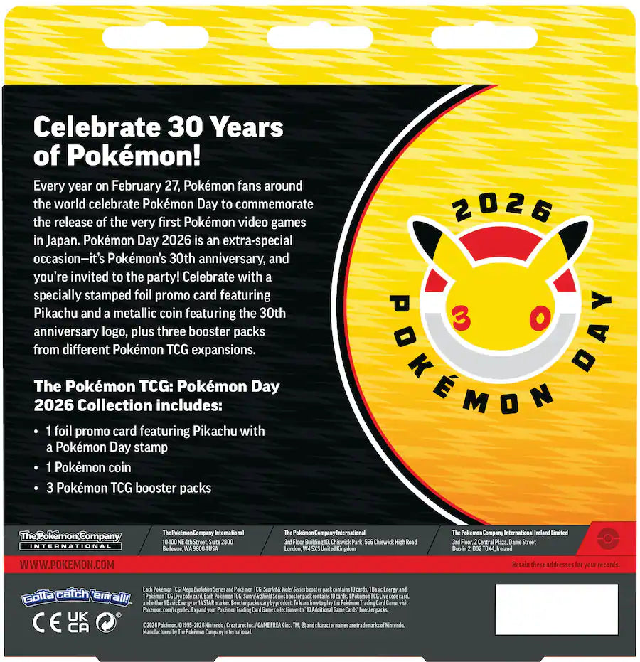 Pokémon TCG Pokémon Day 2026 Collection Box – Pikachu Promo Card + 3 Booster Packs