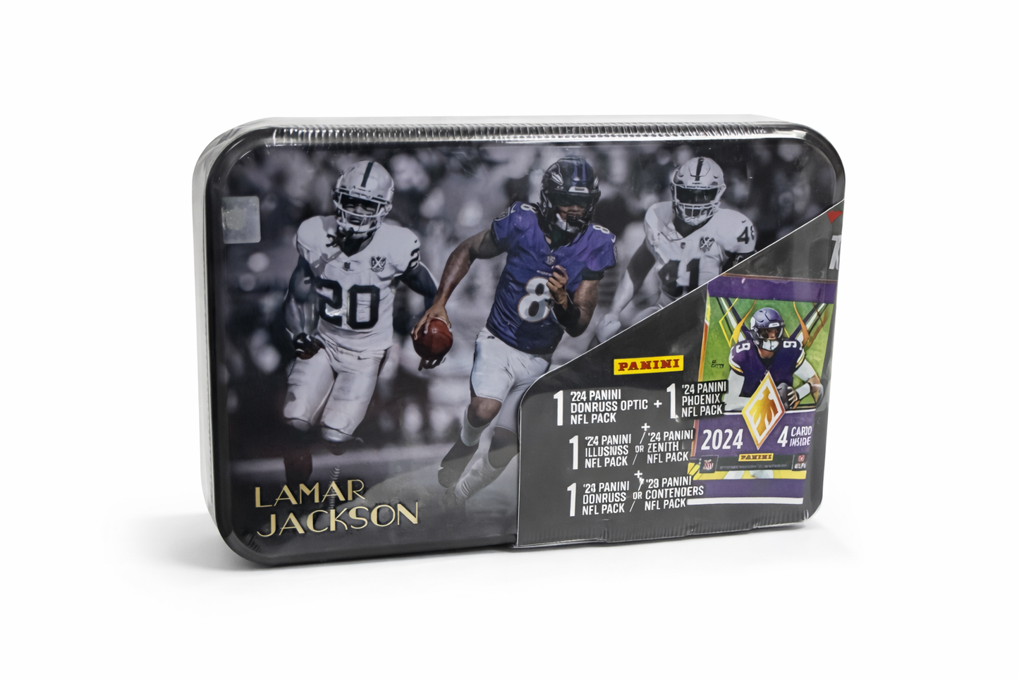 2024 Panini NFL Trading Card Tin – Lamar Jackson – Includes Optic, Phoenix, Illusions & More Packs – Factory Sealed