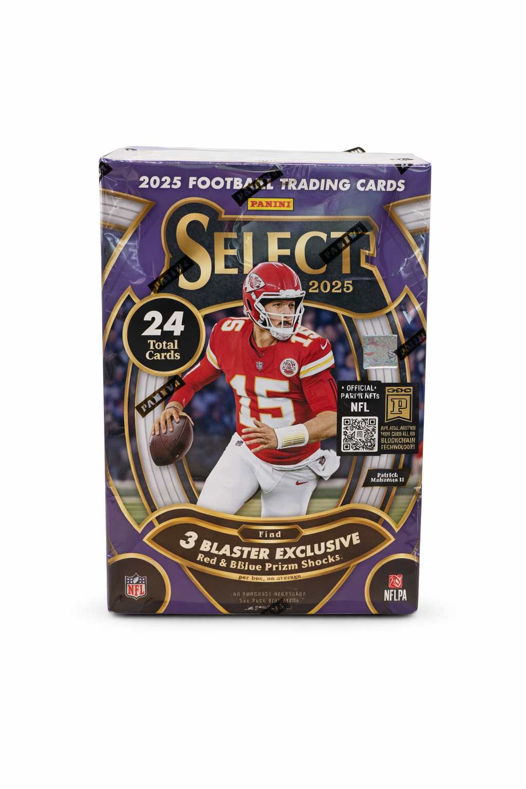 2025 Panini Select NFL Football Blaster Box – 24 Cards | Red & Blue Prizm Shocks (Patrick Mahomes)