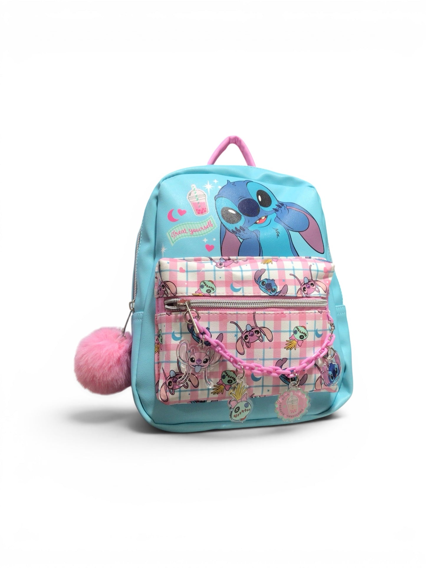 Disney Stitch Mini Backpack for Kids – Cute Lilo & Stitch School Bag with Pom Pom, Charms & Front Pocket (Blue Pink Backpack)