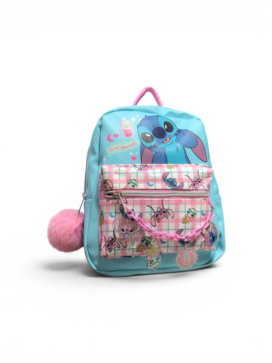 Disney Stitch Mini Backpack for Kids – Cute Lilo & Stitch School Bag with Pom Pom, Charms & Front Pocket (Blue Pink Backpack)